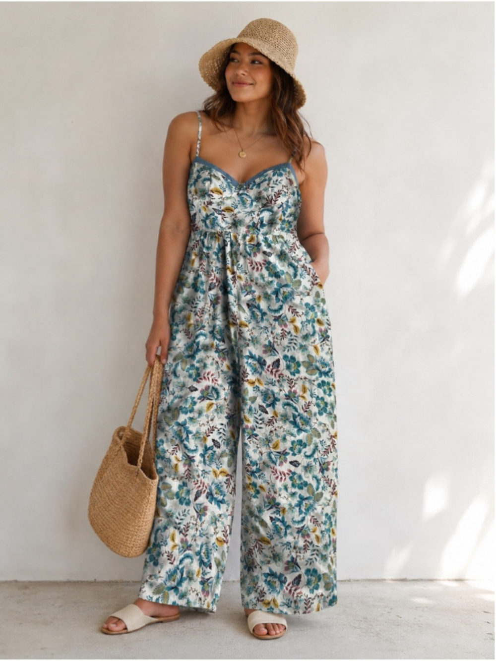 B.O.G Collective Floral Wide Leg Jumpsuit Spaghetti Strap Smocked Boho L